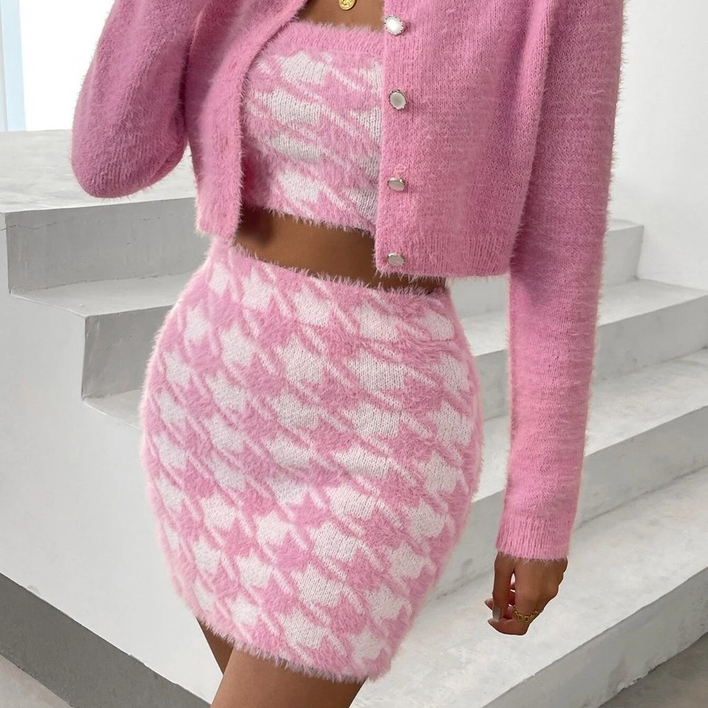 Pink Preppy Womens Houndstooth Tube Knit Top & Bodycon Knit Skirt & Cardigan - Picture 2 of 5